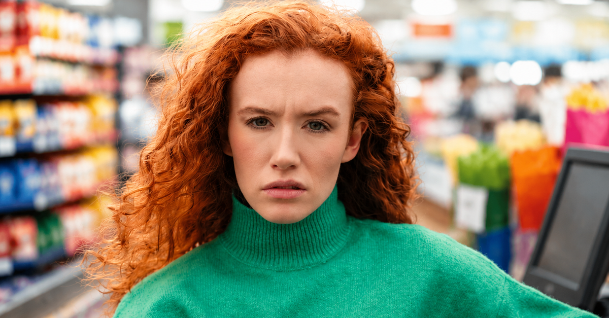 Young woman with curly red hair wears green sweater in grocery store