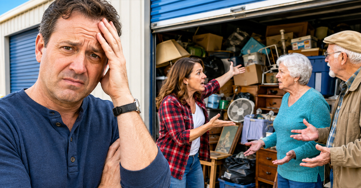 A man standing in front of a storage unit, with his sister and parents arguing in the background.