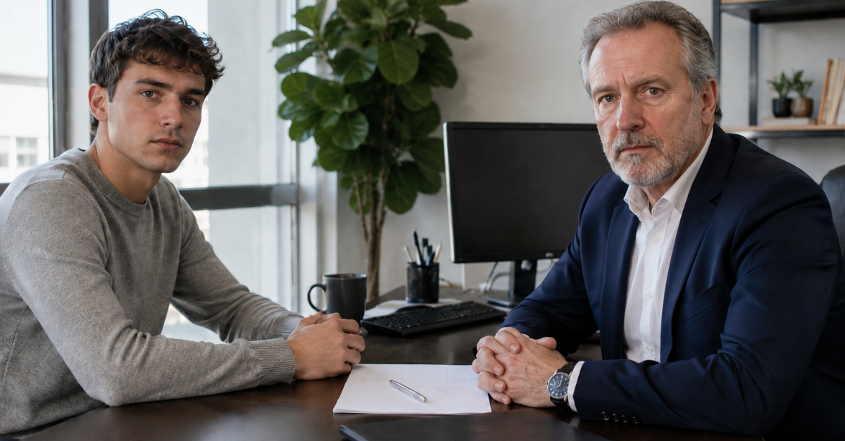 Boss and employee sitting in office looking at camera