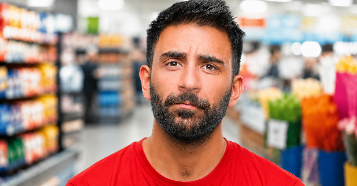 Frustrated man wearing red shirt in grocery store