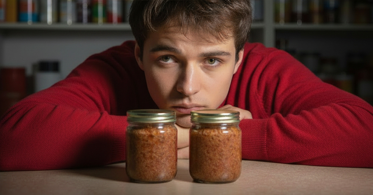 Sad young man looking at jars of potted meat.