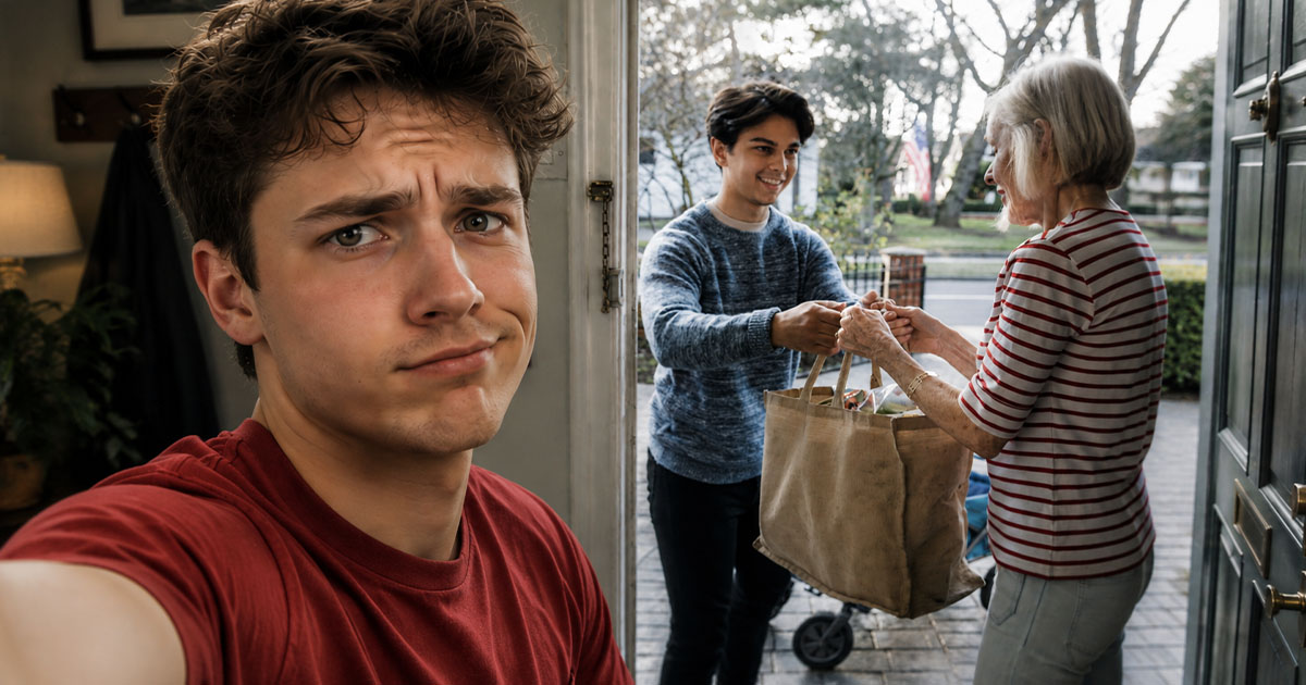 Teenage boy is delivering some groceries to an elderly woman.