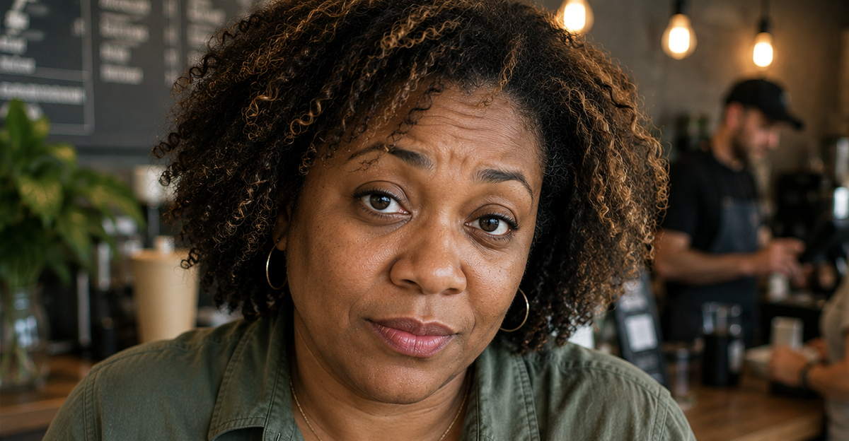 AI-generated image of a woman at a coffee shop.