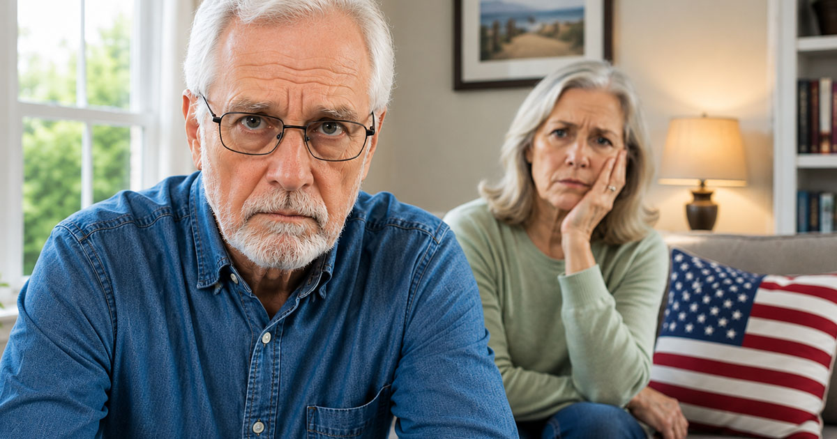 Disappointed elderly man with a woman in the background