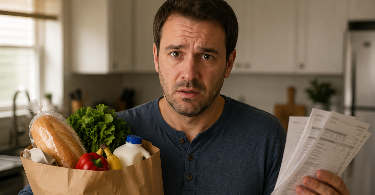 man worried about finance in kitchen holding groceries