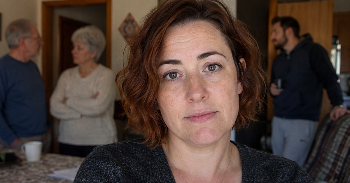Woman with a neutral expression wither her parents-in-law and husband behind her.