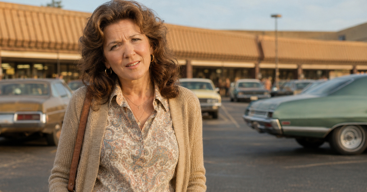1970s woman in parking lot with stores behind her