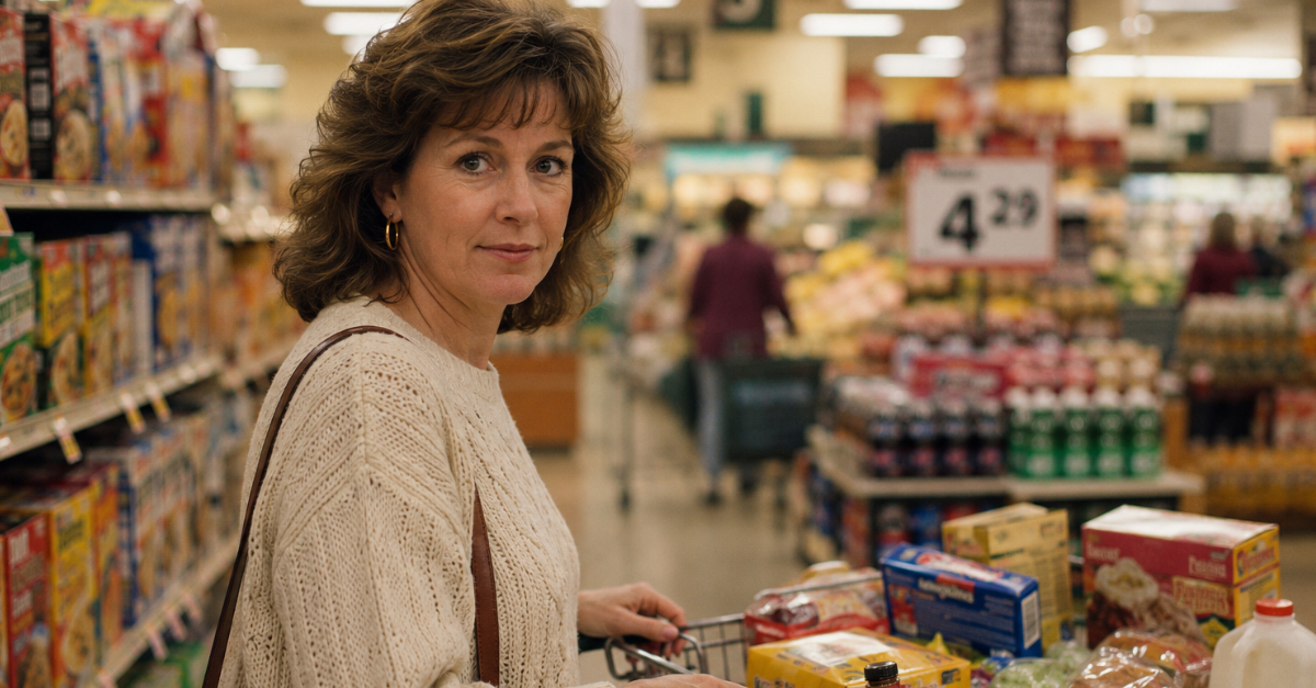 1990s grocery store, woman looking at camera