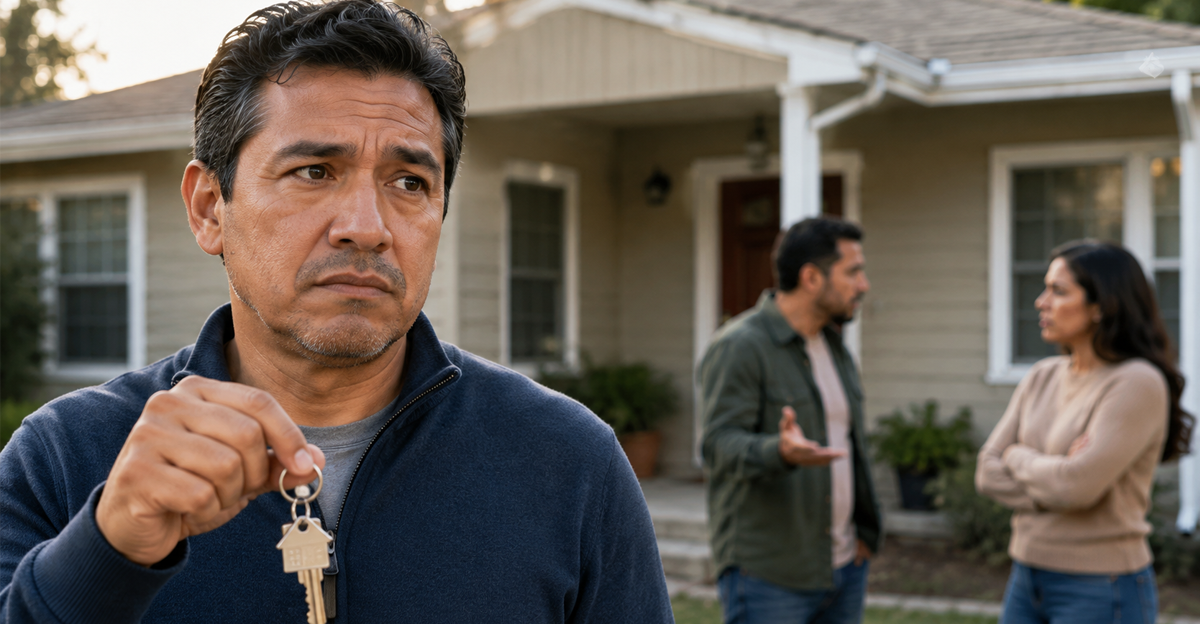 man holding keys to house, siblings arguing in background