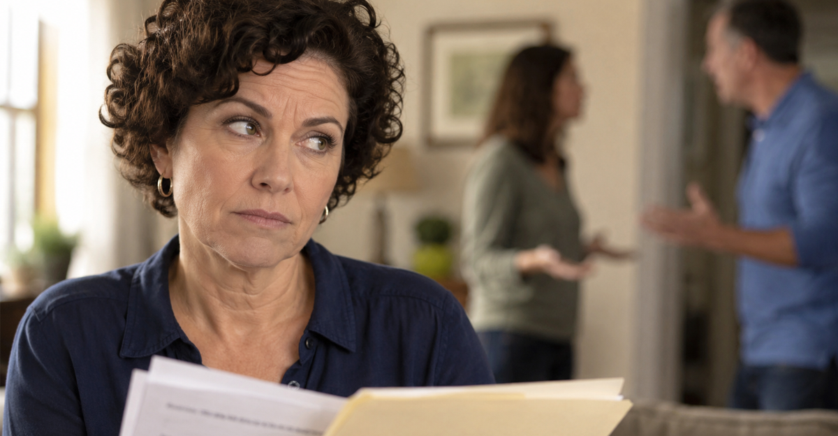 middle aged woman reading documents, siblings arguing in background