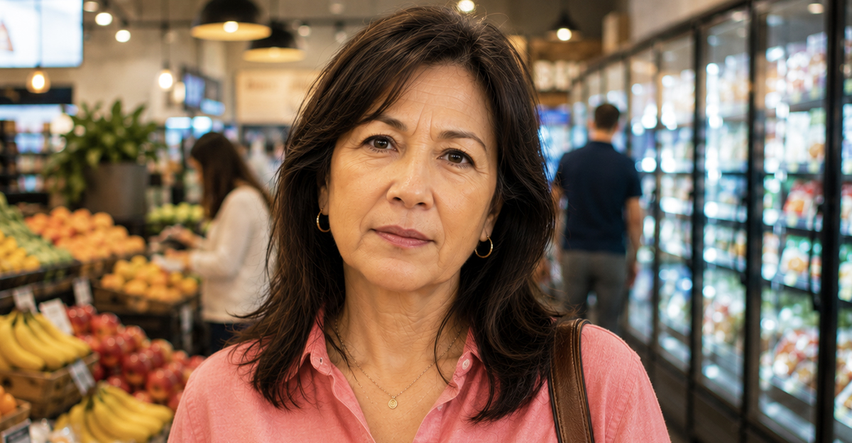 AI-generated image of a woman at the grocery store.