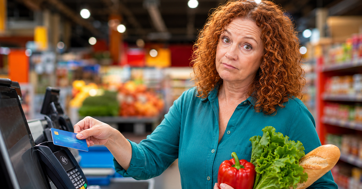 AI-generated image of a woman at self-checkout in a grocery store