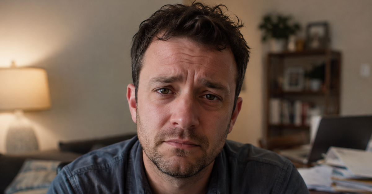 Worried man in messy apartment