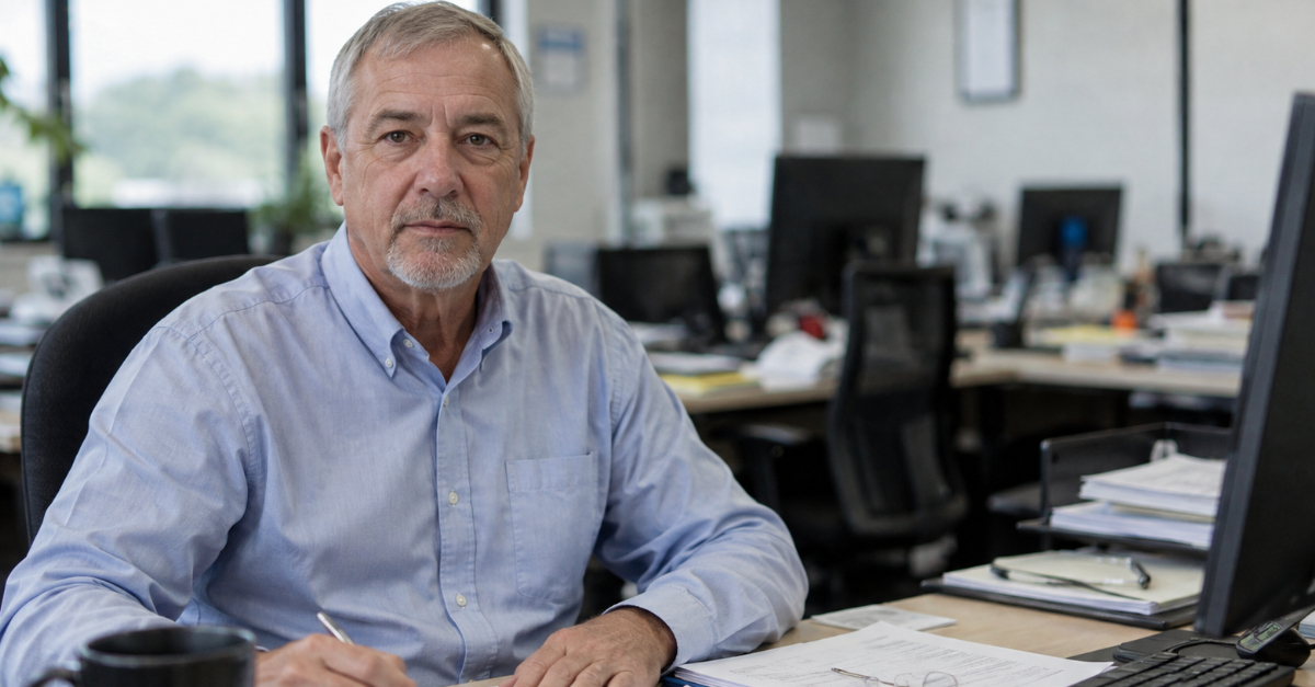 Man in 50s sitting at desk in office looking at camera