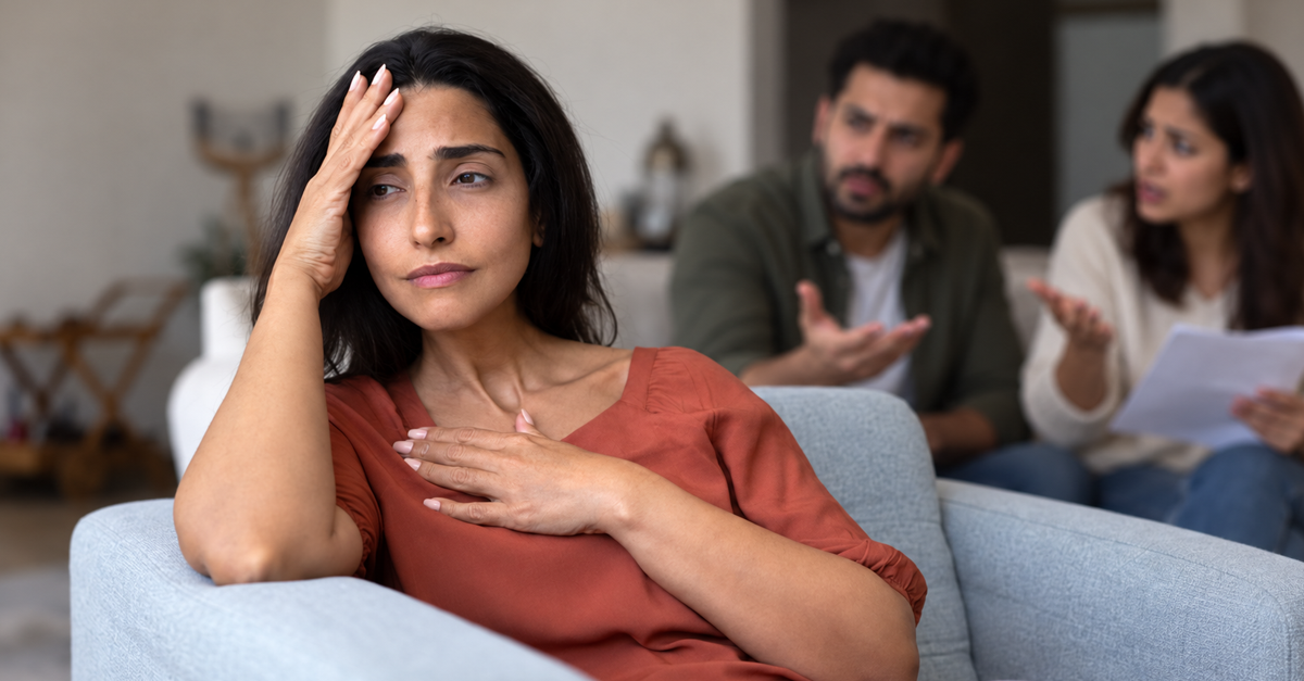 AI-generated image of concerned woman in chair with arguing couple behind her