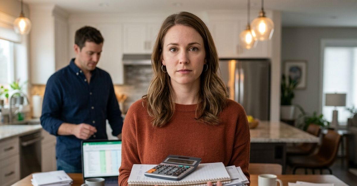 woman holding folders and calculator, with a man in the background doing financial calculations