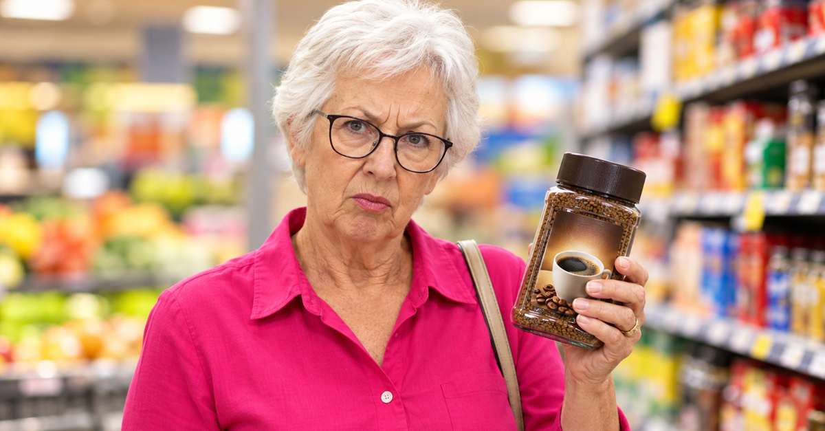 AI-generated image of a woman holding coffee in a grocery store