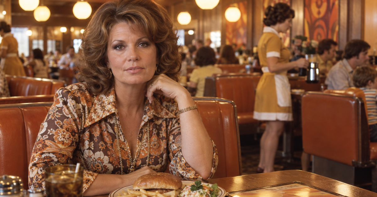 1970s restaurant, Woman looking at camera