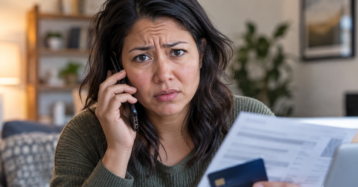 Concerned Woman On Phone With Credit Card And Bill In Hand