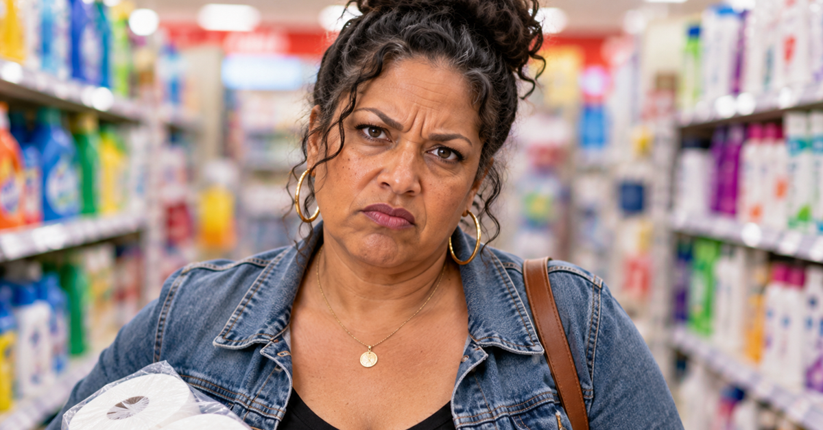 AI-generated image of frustrated woman holding toilet paper in store aisle