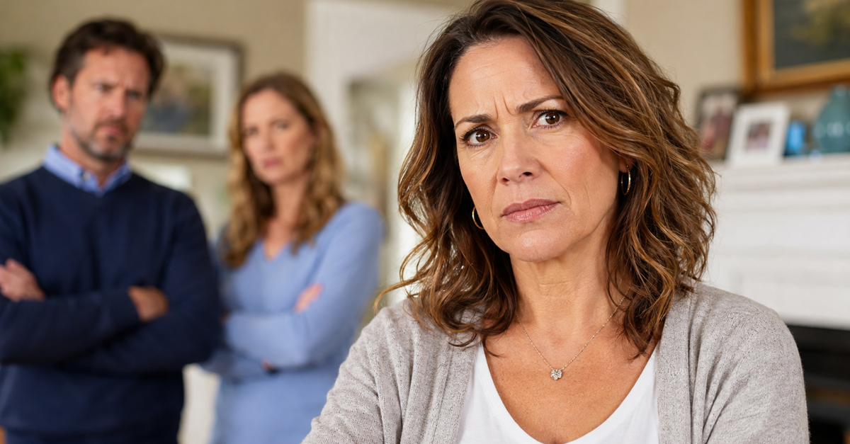 AI-generated image of a concerned woman with two tense adults standing behind her