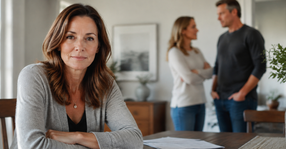 Woman sitting at table looking at camera, two people in background