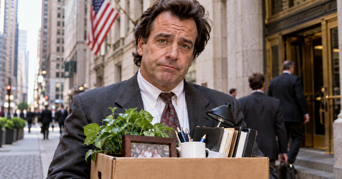 AI-generated image of a businessman holding a box outside an office building