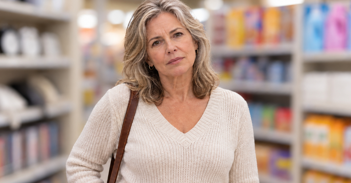 Woman looking at camera, blurred background inside store