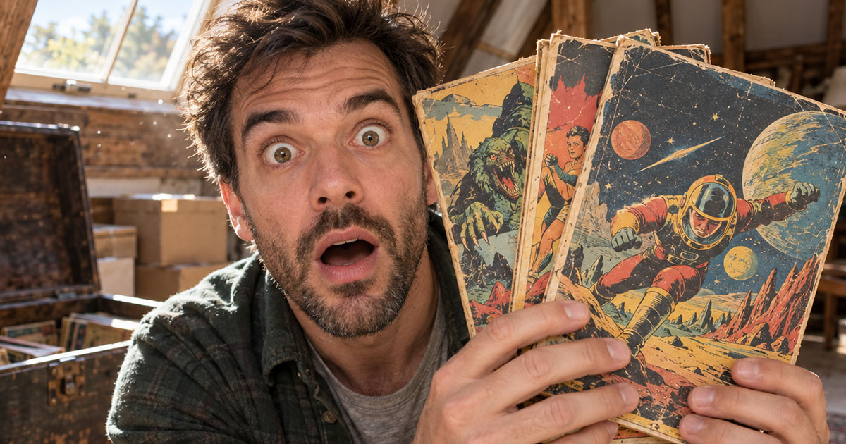 Man holding up vintage comic books