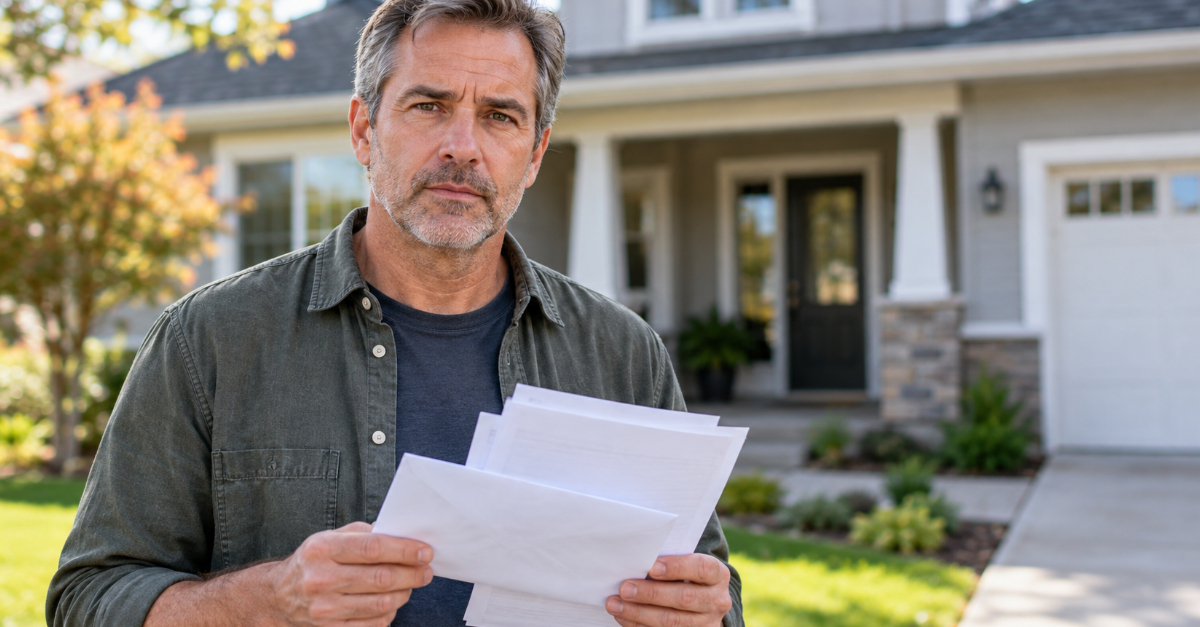 man holding papers standing in front of a house