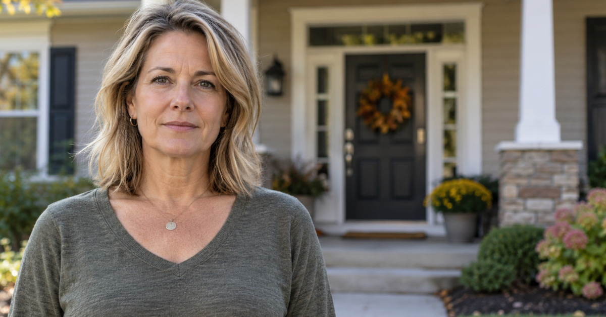 Woman standing in front of a house looking at camera