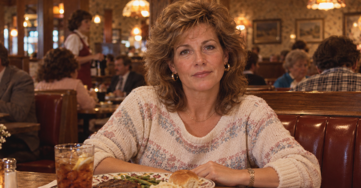 1980s restaurant, woman at table looking at camera