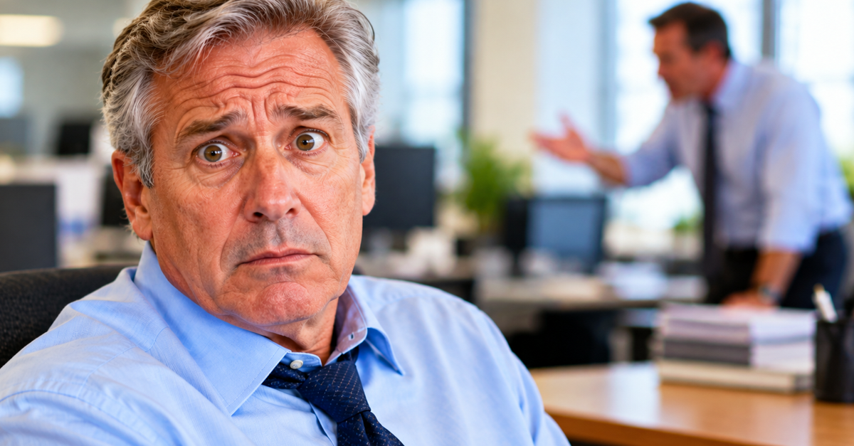 AI-generated image of a worried man sitting in office
