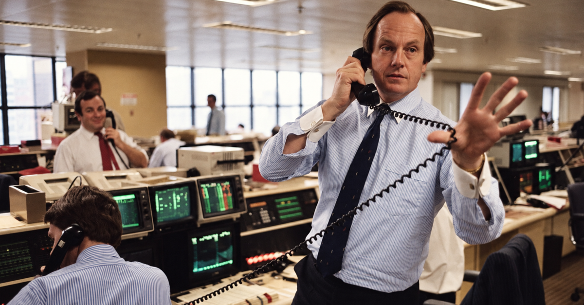 Stockbrokers trading in the gilts dealing room at Greenwell Montagu in London, UK, Oct. 30, 1987; colorized using generative AI