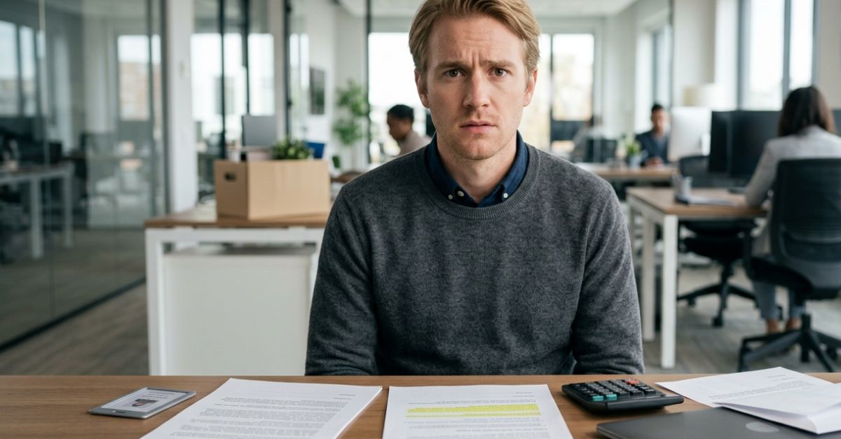 disappointed man with signing bonus repayment notice in office