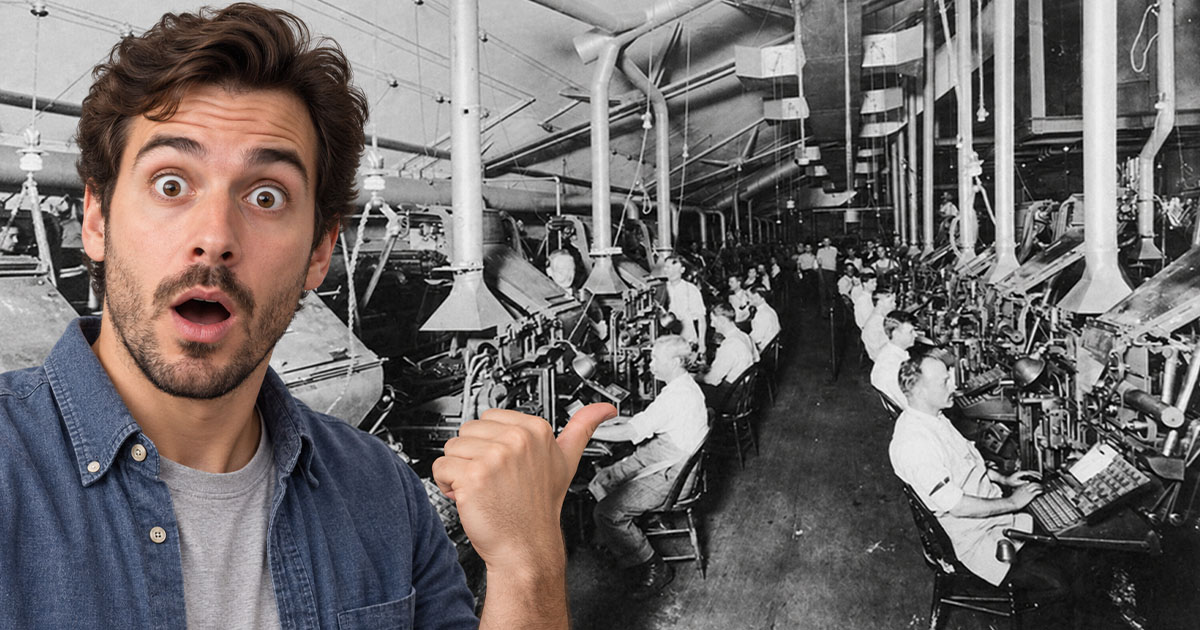 Shocked man with an old newspaper publishing factory in the background