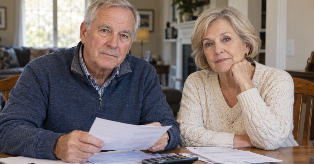 Older couple sitting at table with papers on it