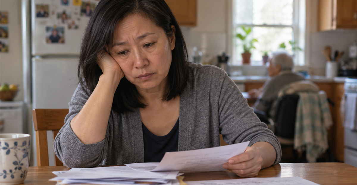 woman worried about bills, elderly dad in the background