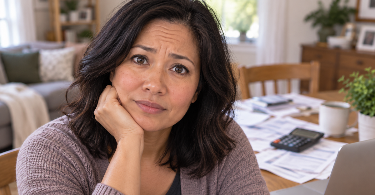 Concerned woman with personal finances on kitchen table behind her