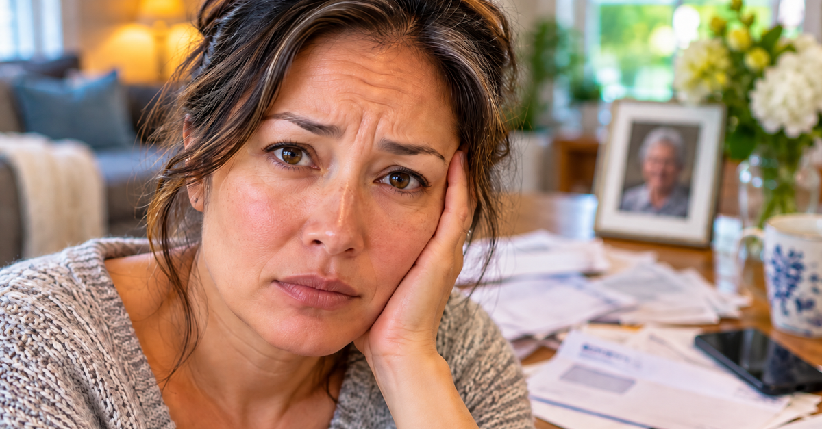 AI-generated image of a worried woman sitting at table surrounded by paperwork