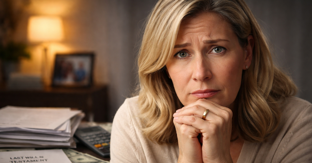 worried woman in front of a last will and testament and a calculator