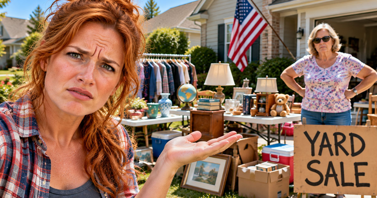 Confused woman at a yard sale