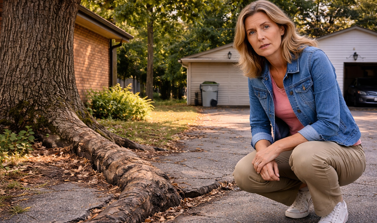 AI-generated image of a woman concerned about her neighbor's tree roots damaging her driveway.