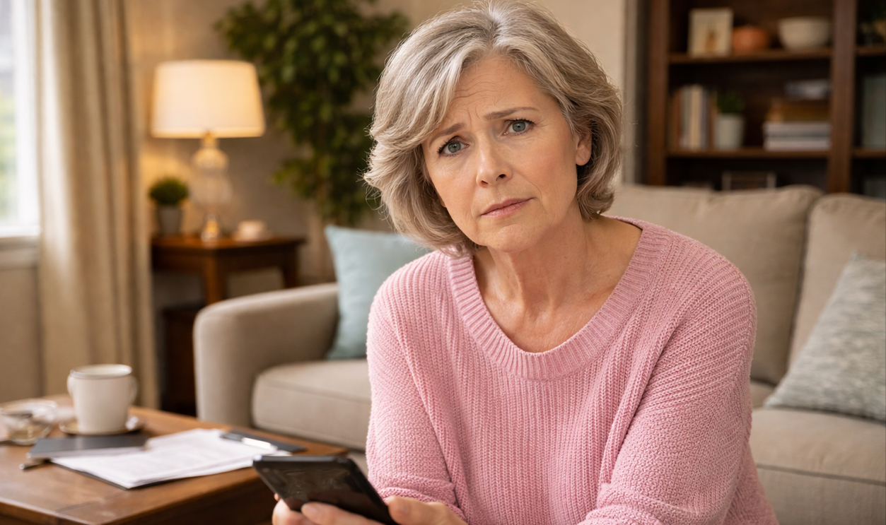 AI-generated image of a senior woman worried about a bank scam.