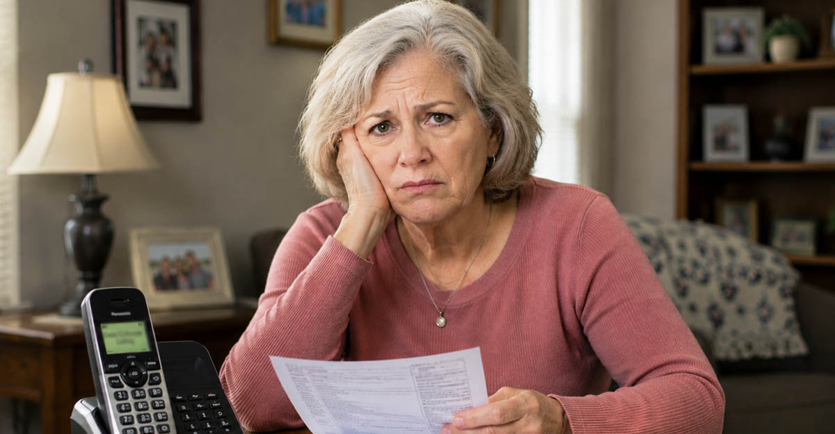 AI-generated image of a woman worried about debt collectors.