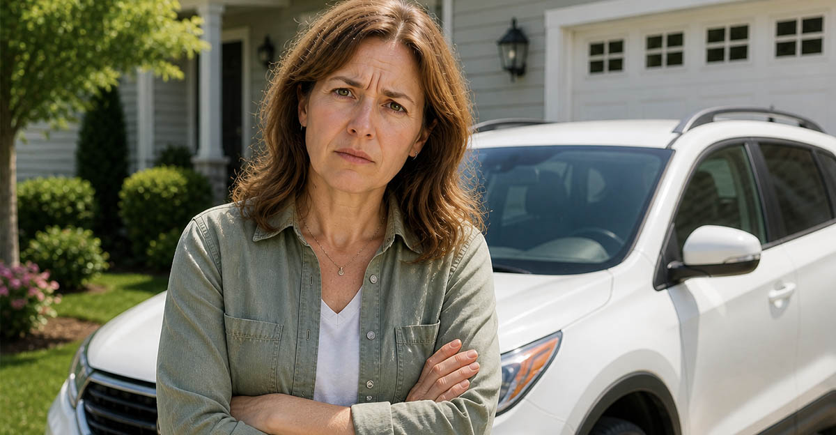 AI-generated image of a woman worried about her insurance premium increasing.