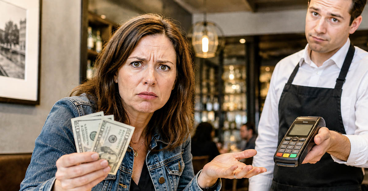 AI-generated image of a woman trying to use cash at a cashless restaurant.
