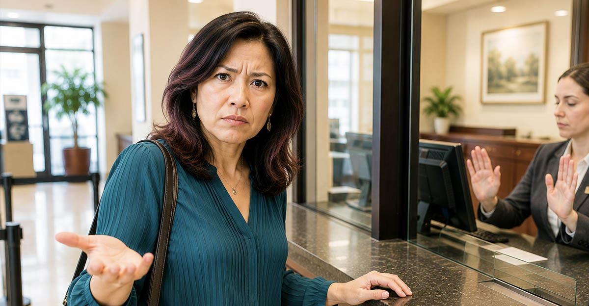 AI-generated image of woman denied a $10,000 cash withdrawal at the bank.