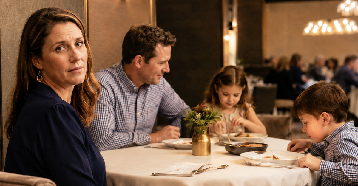 AI-generated image of a family with kids at a fancy restaurant.