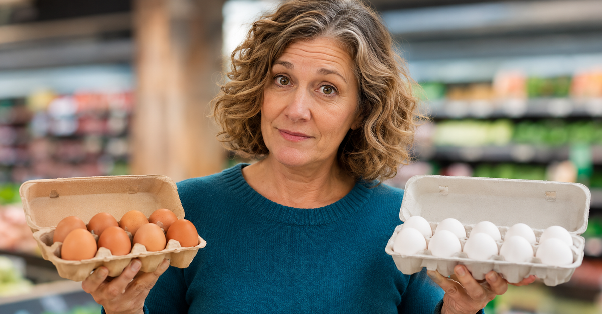 AI-generated image of a woman holding cartons of eggs in a grocery store